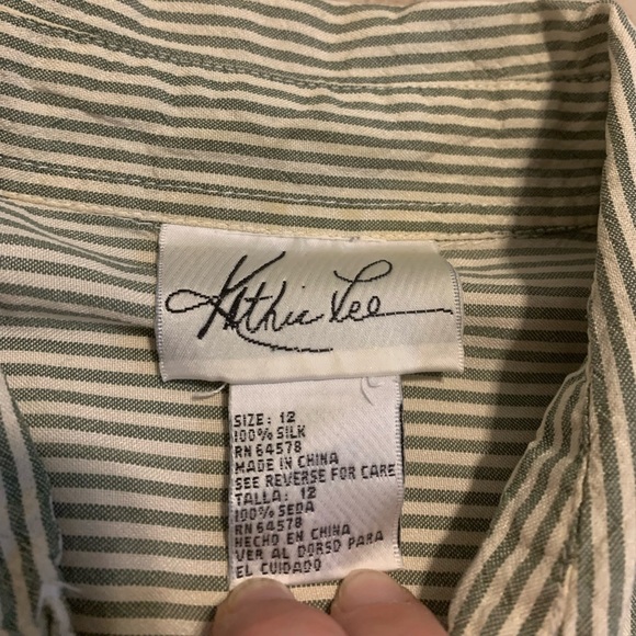 Kathie Lee Vintage 90s 100% Silk Striped Button Down Blouse Size 12 Green/White - Picture 4 of 5